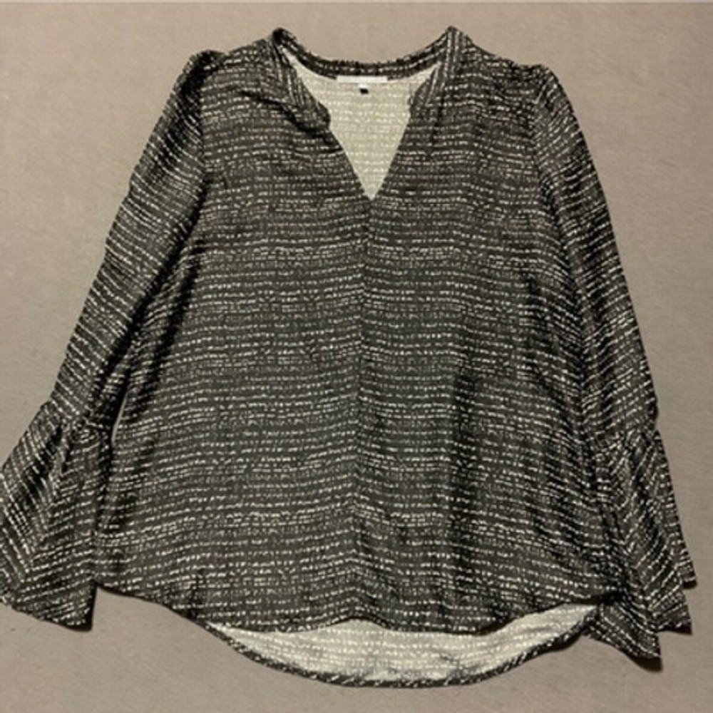 Lemon Tart Black & White Pattern Blouse XL Bell Sleeve New w/ Tag